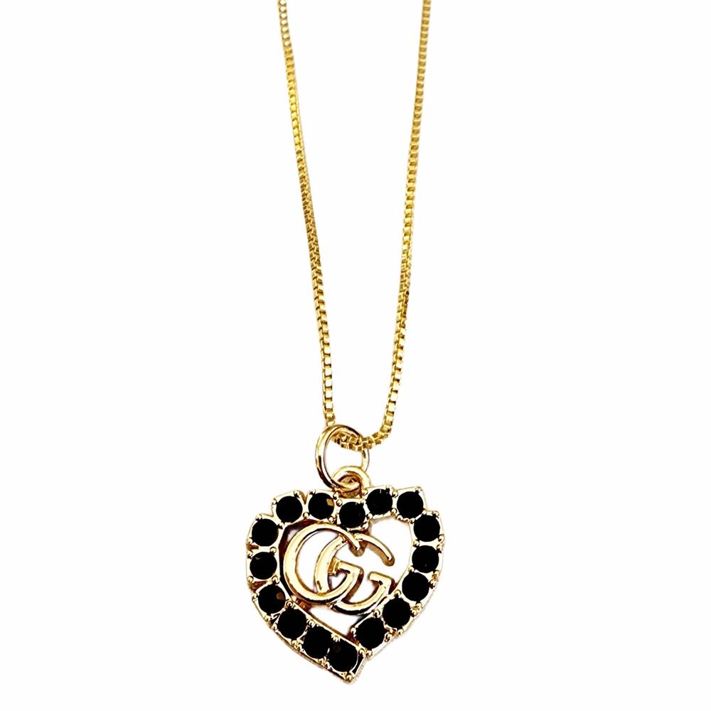 Black Rhinestone Heart Charm Repurposed on 18K GF Chain